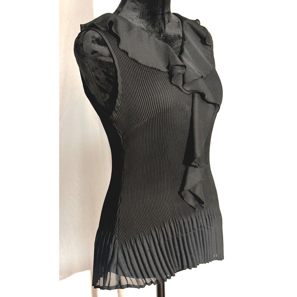 Christopher & Banks Sheer Black Blouse with Pleating and Ruffled Collar, Large